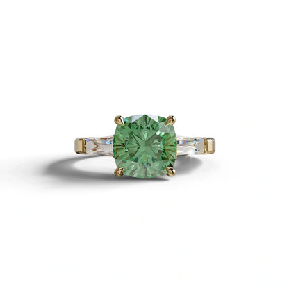 3 Carat Green Cushion & Tapered Baguette Three Stone Engagement Ring - 10K Solid Gold / Yellow Gold