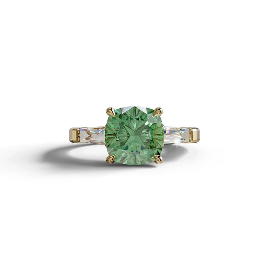 3 Carat Green Cushion & Tapered Baguette Three Stone Engagement Ring - 10K Solid Gold / Yellow Gold