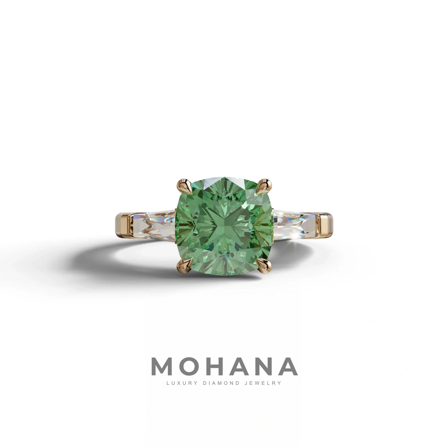 3 Carat Green Cushion & Tapered Baguette Three Stone Engagement Ring - 10K Solid Gold / Rose Gold