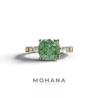 3 Carat Green Cushion & Tapered Baguette Three Stone Engagement Ring - 10K Solid Gold / Rose Gold