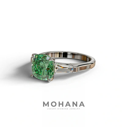 3 Carat Green Cushion & Tapered Baguette Three Stone Engagement Ring