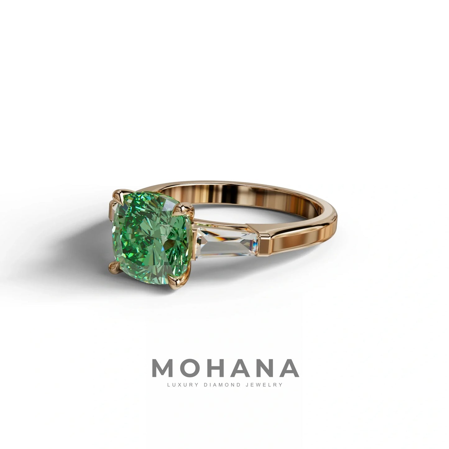 3 Carat Green Cushion & Tapered Baguette Three Stone Engagement Ring