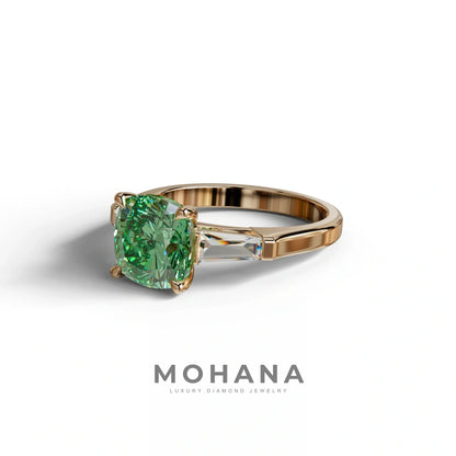 3 Carat Green Cushion & Tapered Baguette Three Stone Engagement Ring