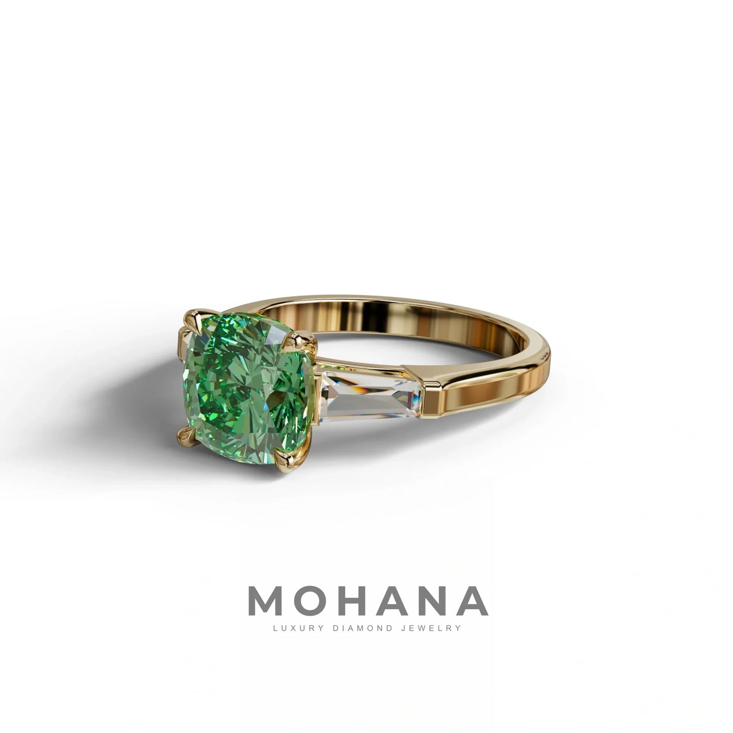 3 Carat Green Cushion & Tapered Baguette Three Stone Engagement Ring