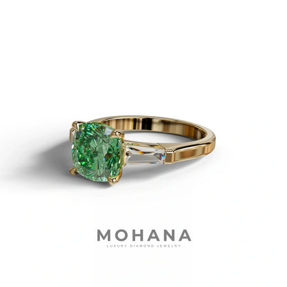 3 Carat Green Cushion & Tapered Baguette Three Stone Engagement Ring
