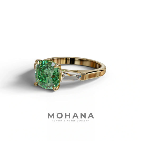 3 Carat Green Cushion & Tapered Baguette Three Stone Engagement Ring