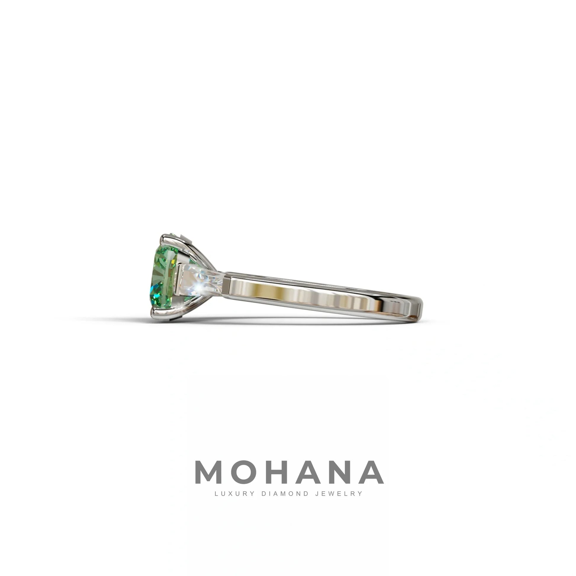 3 Carat Green Cushion & Tapered Baguette Three Stone Engagement Ring