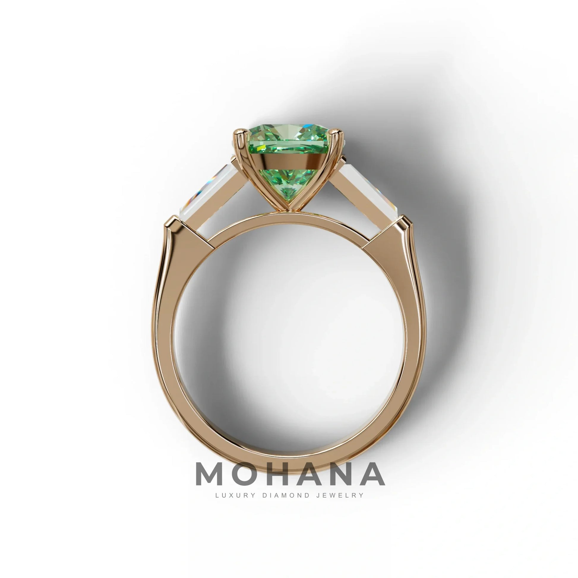 3 Carat Green Cushion & Tapered Baguette Three Stone Engagement Ring