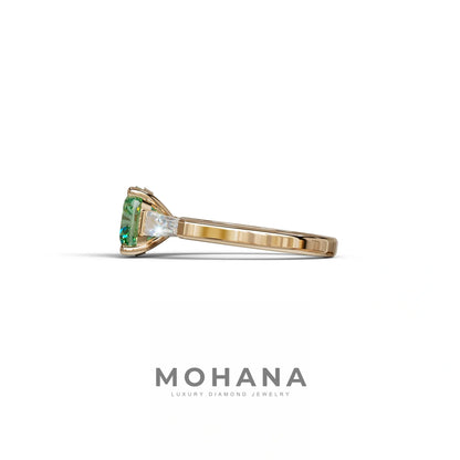 3 Carat Green Cushion & Tapered Baguette Three Stone Engagement Ring