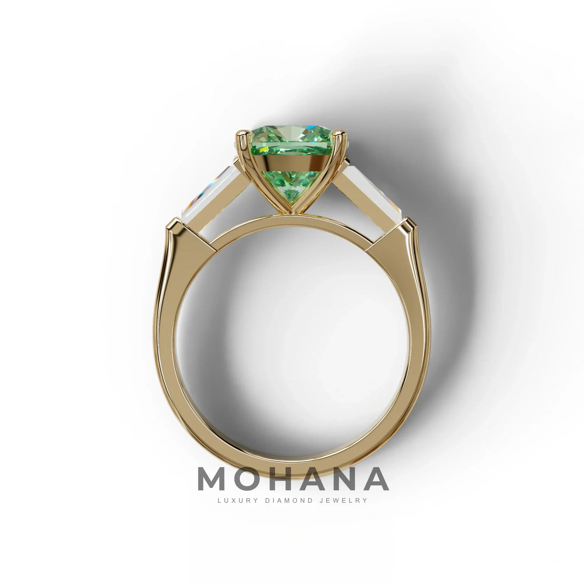3 Carat Green Cushion & Tapered Baguette Three Stone Engagement Ring