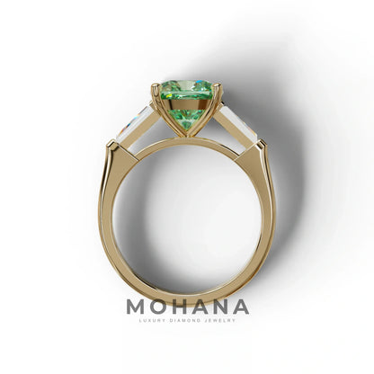 3 Carat Green Cushion & Tapered Baguette Three Stone Engagement Ring