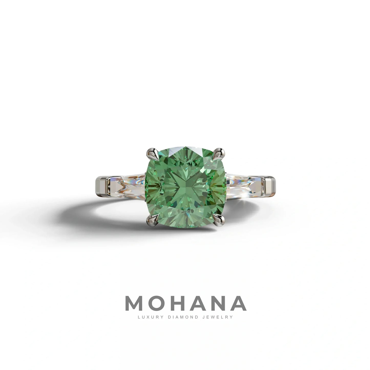 3 Carat Green Cushion & Tapered Baguette Three Stone Engagement Ring - 10K Solid Gold / White Gold