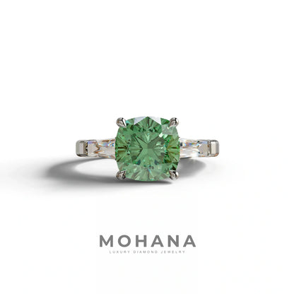3 Carat Green Cushion & Tapered Baguette Three Stone Engagement Ring - 10K Solid Gold / White Gold