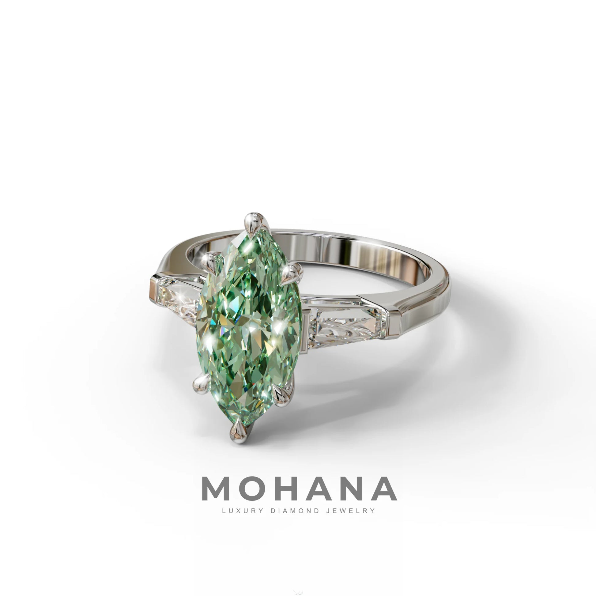 Green Marquise & Tapered Baguette Multi Stone Engagement Ring