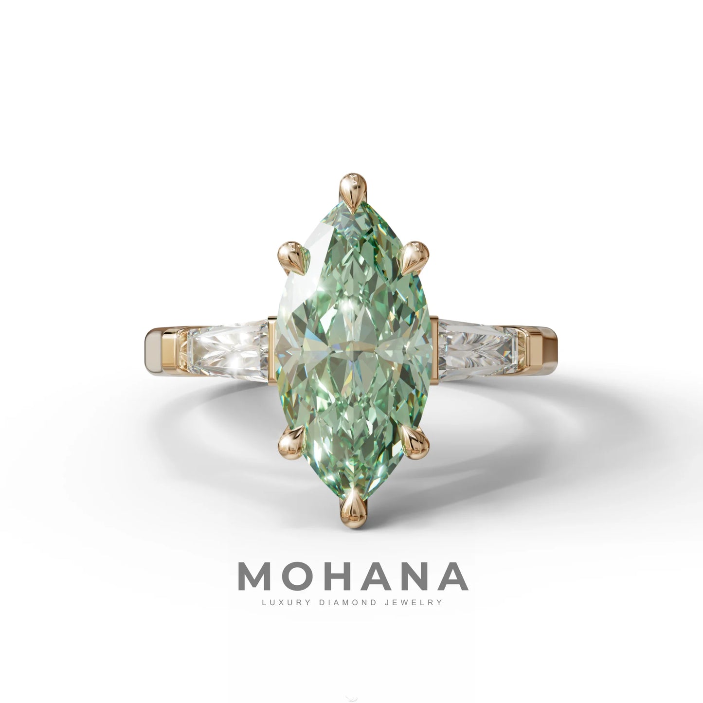 Green Marquise & Tapered Baguette Multi Stone Engagement Ring - 10K Solid Gold / Rose Gold