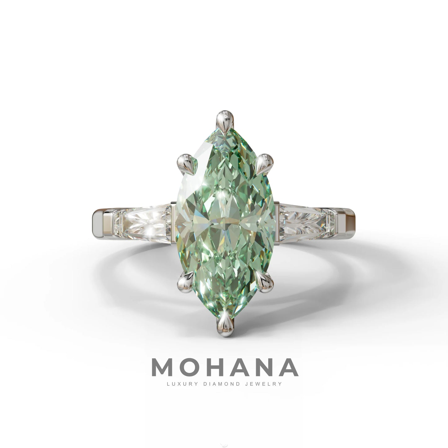 Green Marquise & Tapered Baguette Multi Stone Engagement Ring - 10K Solid Gold / White Gold