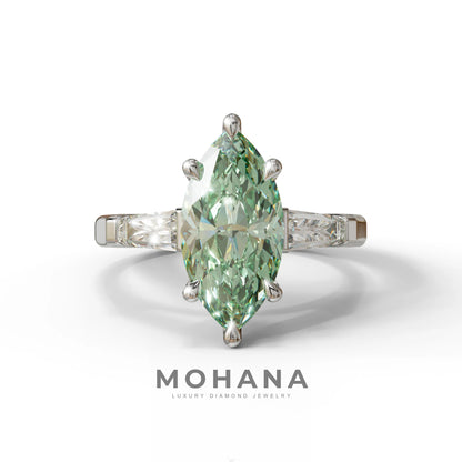 Green Marquise & Tapered Baguette Multi Stone Engagement Ring - 10K Solid Gold / White Gold