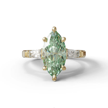 Green Marquise & Tapered Baguette Multi Stone Engagement Ring - 10K Solid Gold / Yellow Gold