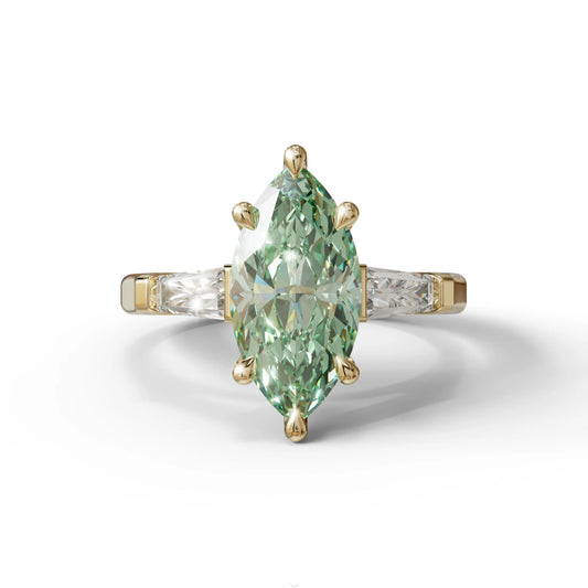 Green Marquise & Tapered Baguette Multi Stone Engagement Ring - 10K Solid Gold / Yellow Gold