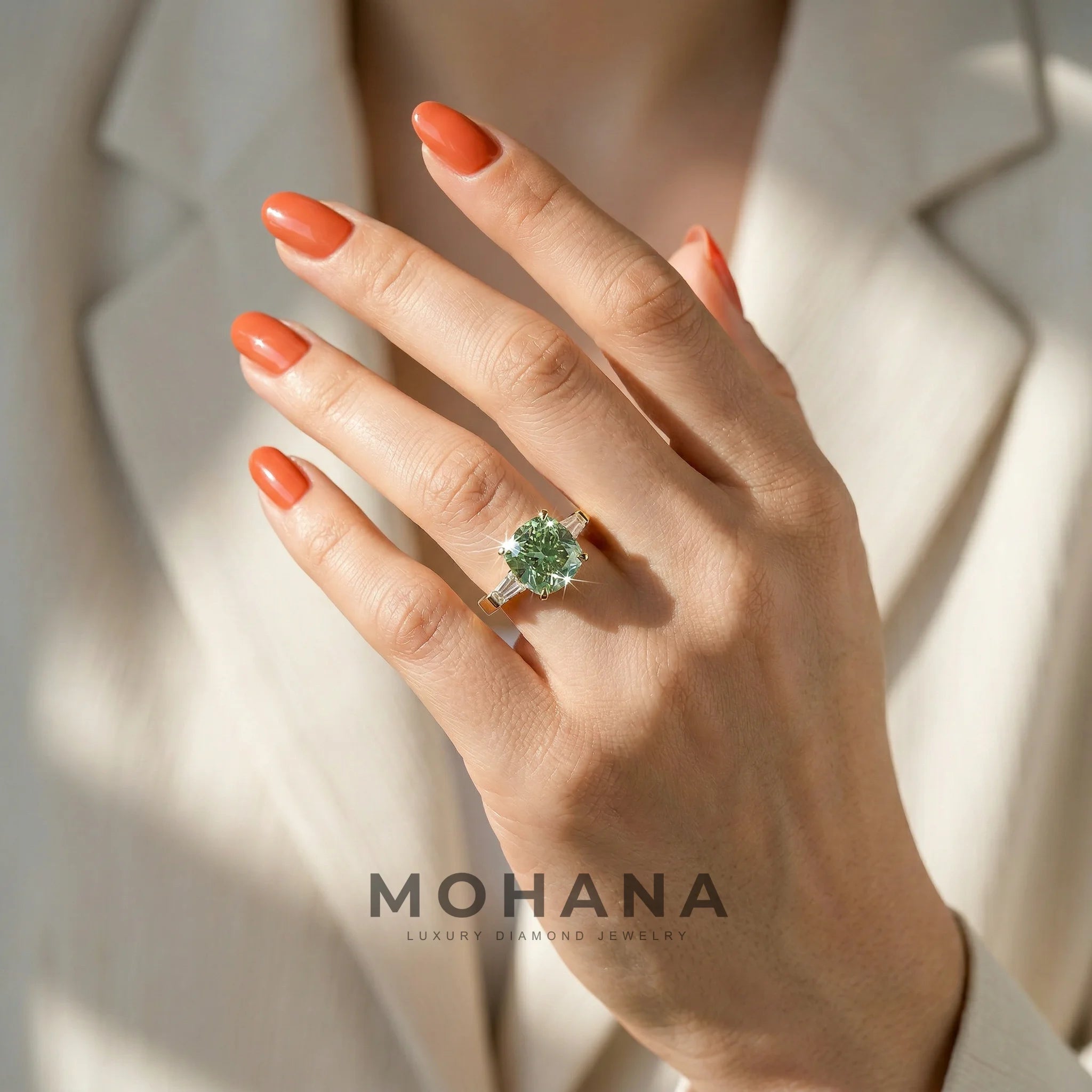 3.75 Carat Fancy Vivid Green Cushion & Tapered Baguette Lab Grown Diamond Three Stone Engagement Ring