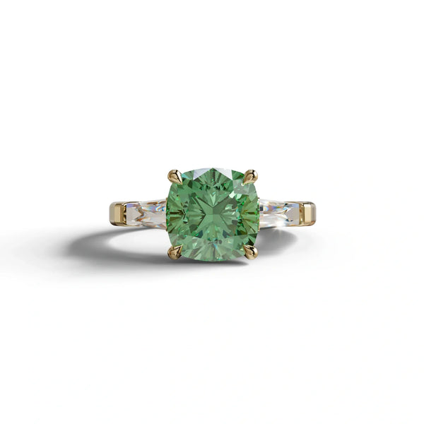 3.75 Carat Green Lab Grown Diamond Engagement Ring – Cushion Cut Three Stone