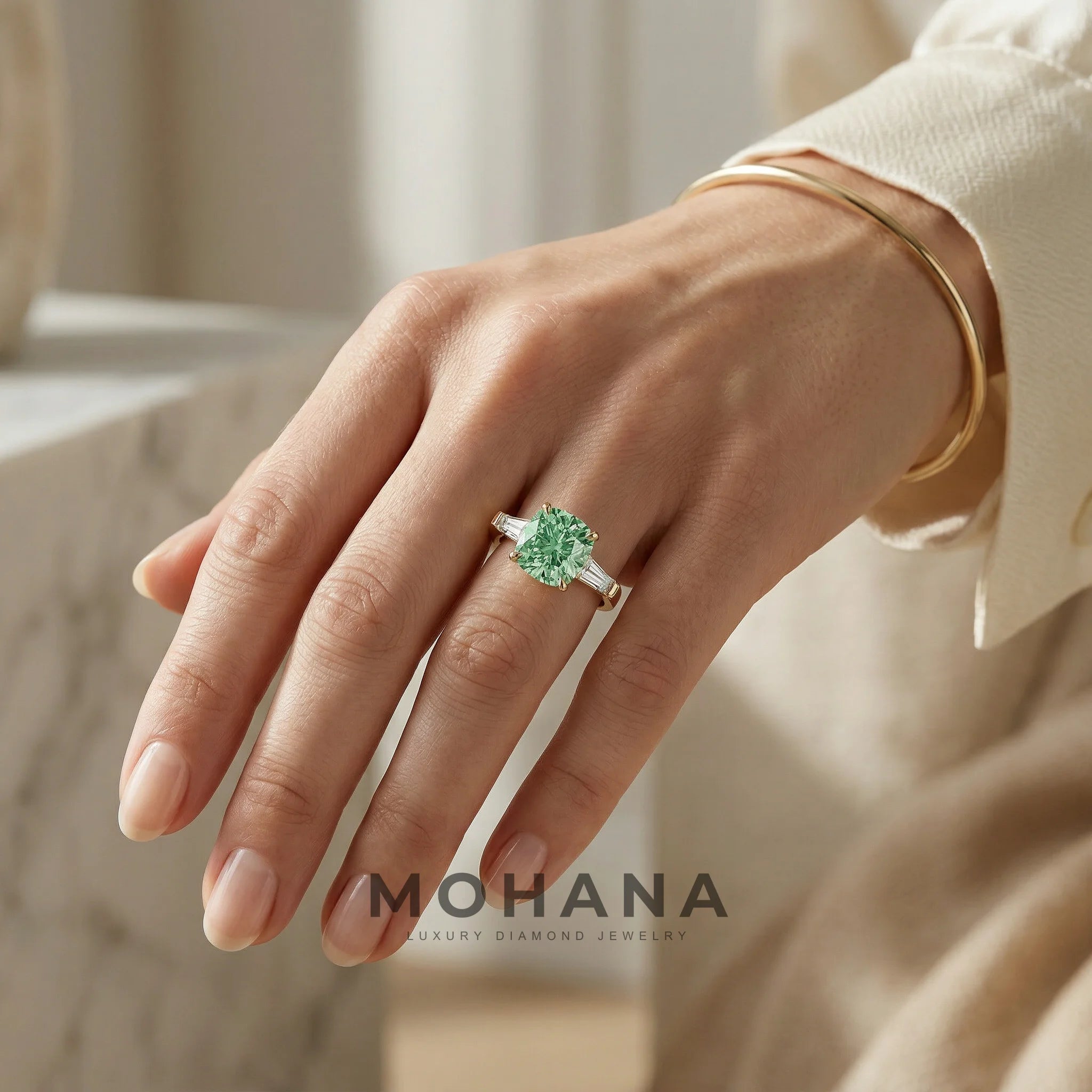 3.75 Carat Fancy Vivid Green Cushion & Tapered Baguette Lab Grown Diamond Three Stone Engagement Ring