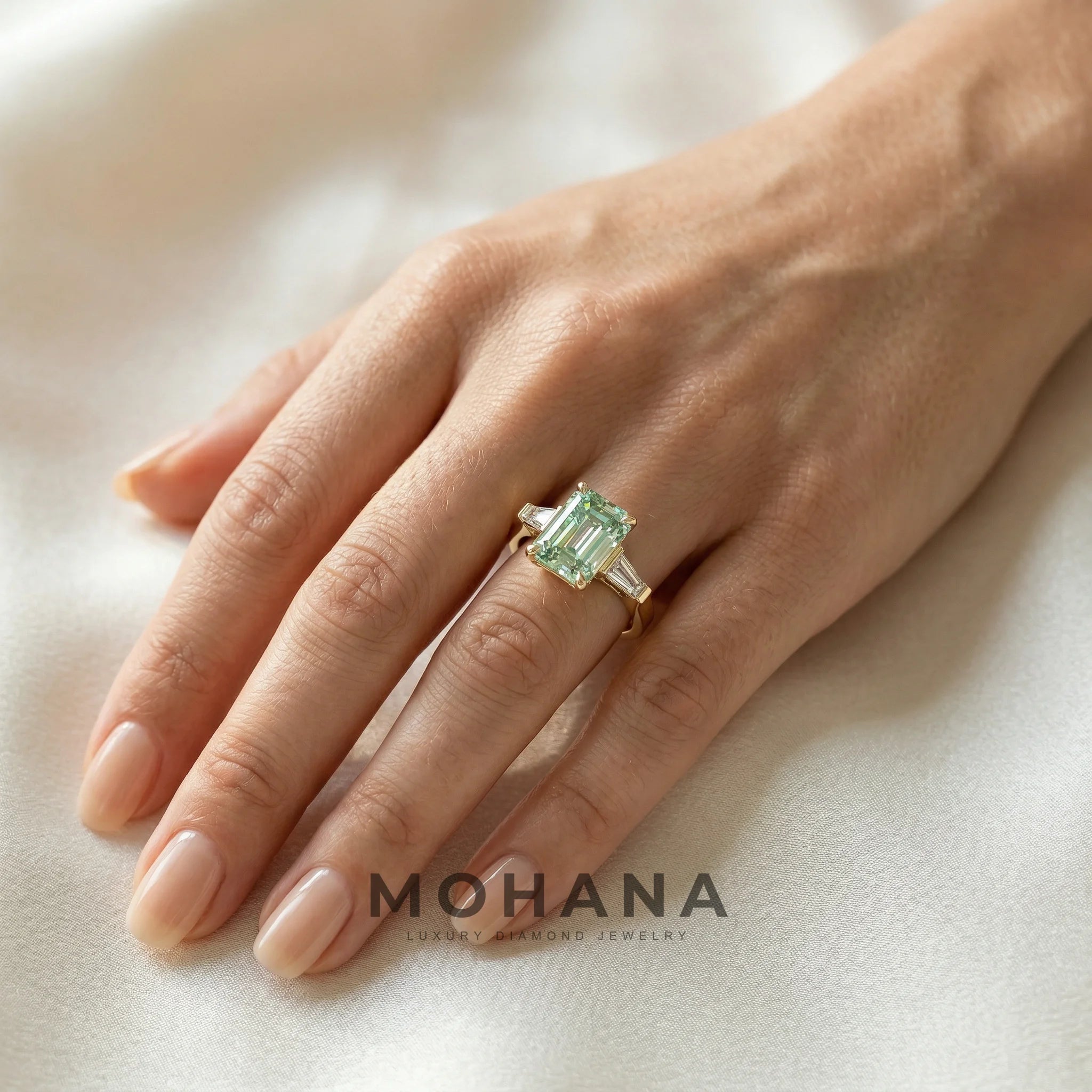 3.75ct Vivid Green Emerald & Tapered Baguette Three Stone Lab Diamond Ring