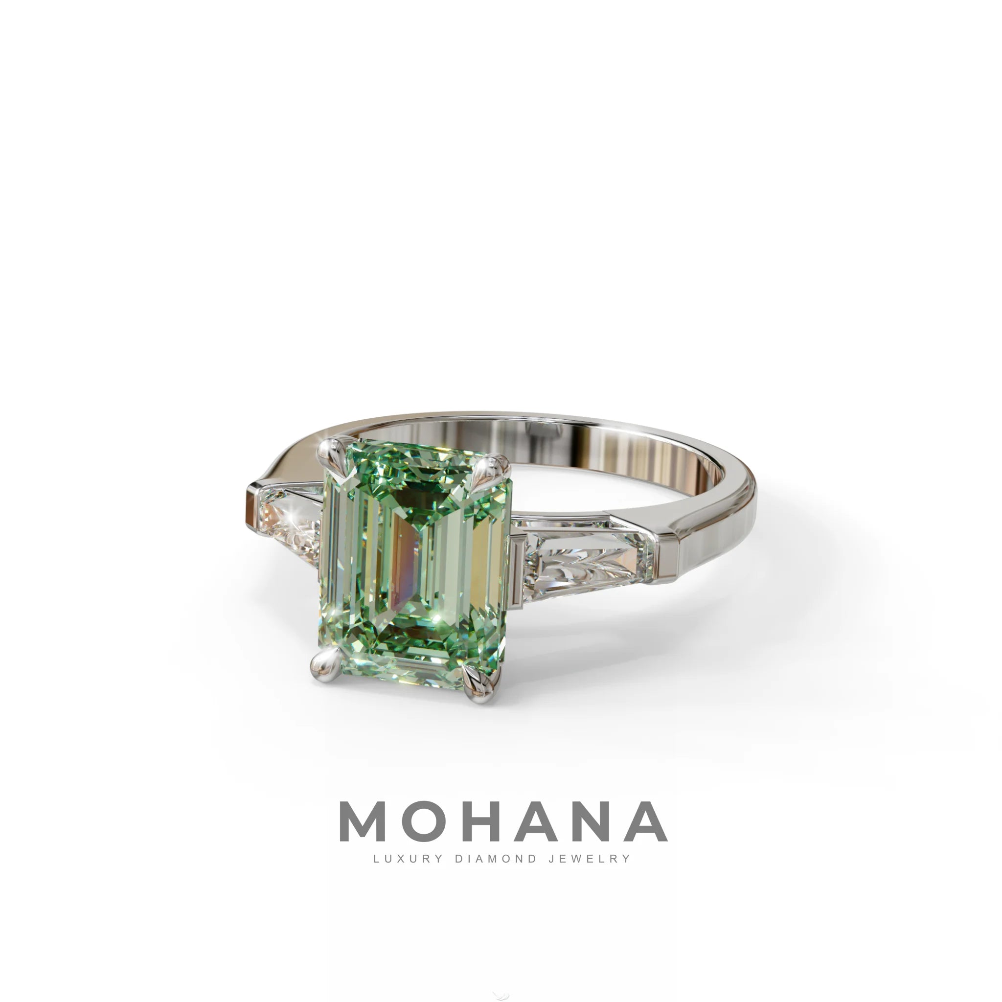 3 Carat Fancy Vivid Green Emerald & Tapered Baguette diamond ring