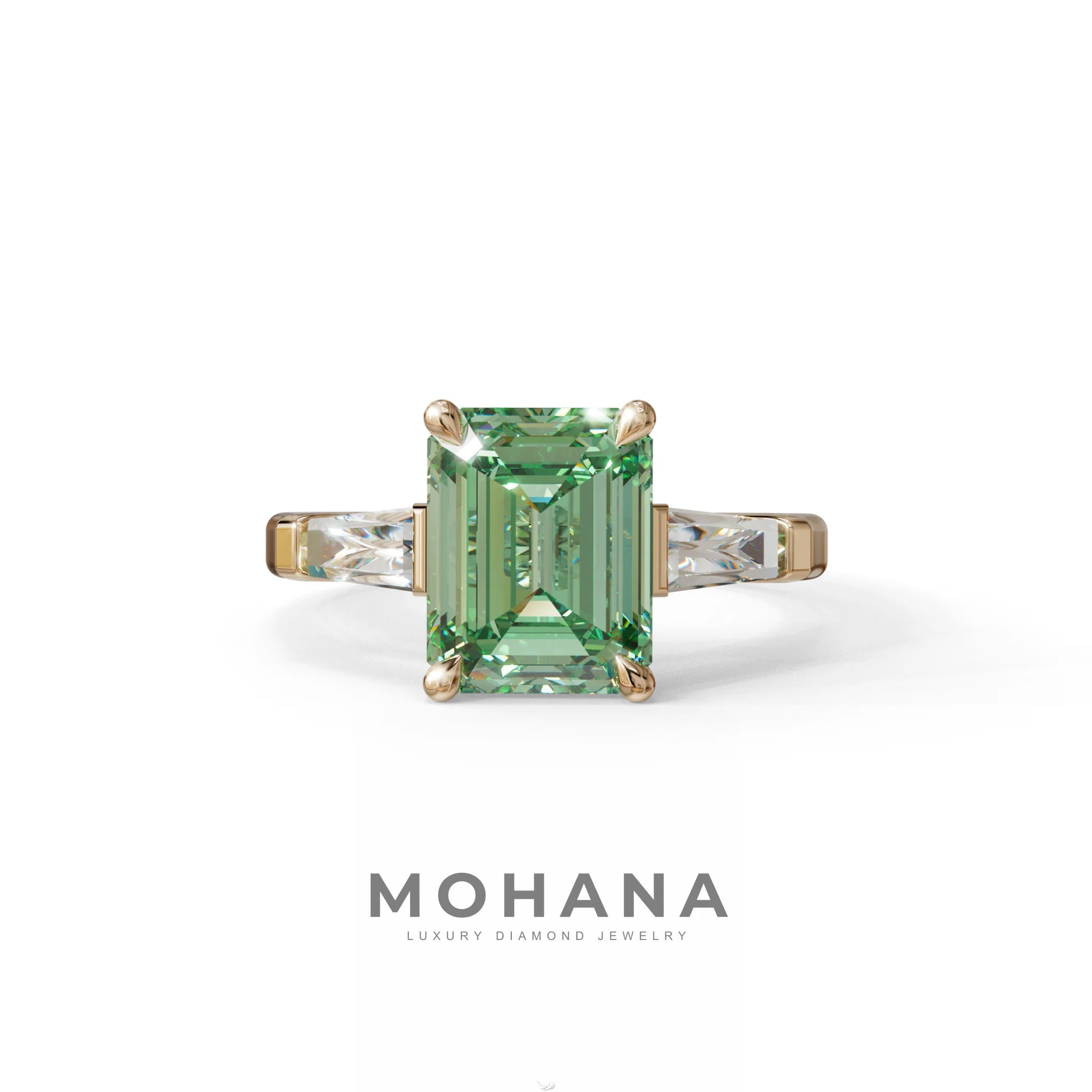 3 Carat Fancy Vivid Green Emerald & Tapered Baguette diamond ring - 10K Solid Gold / Rose Gold