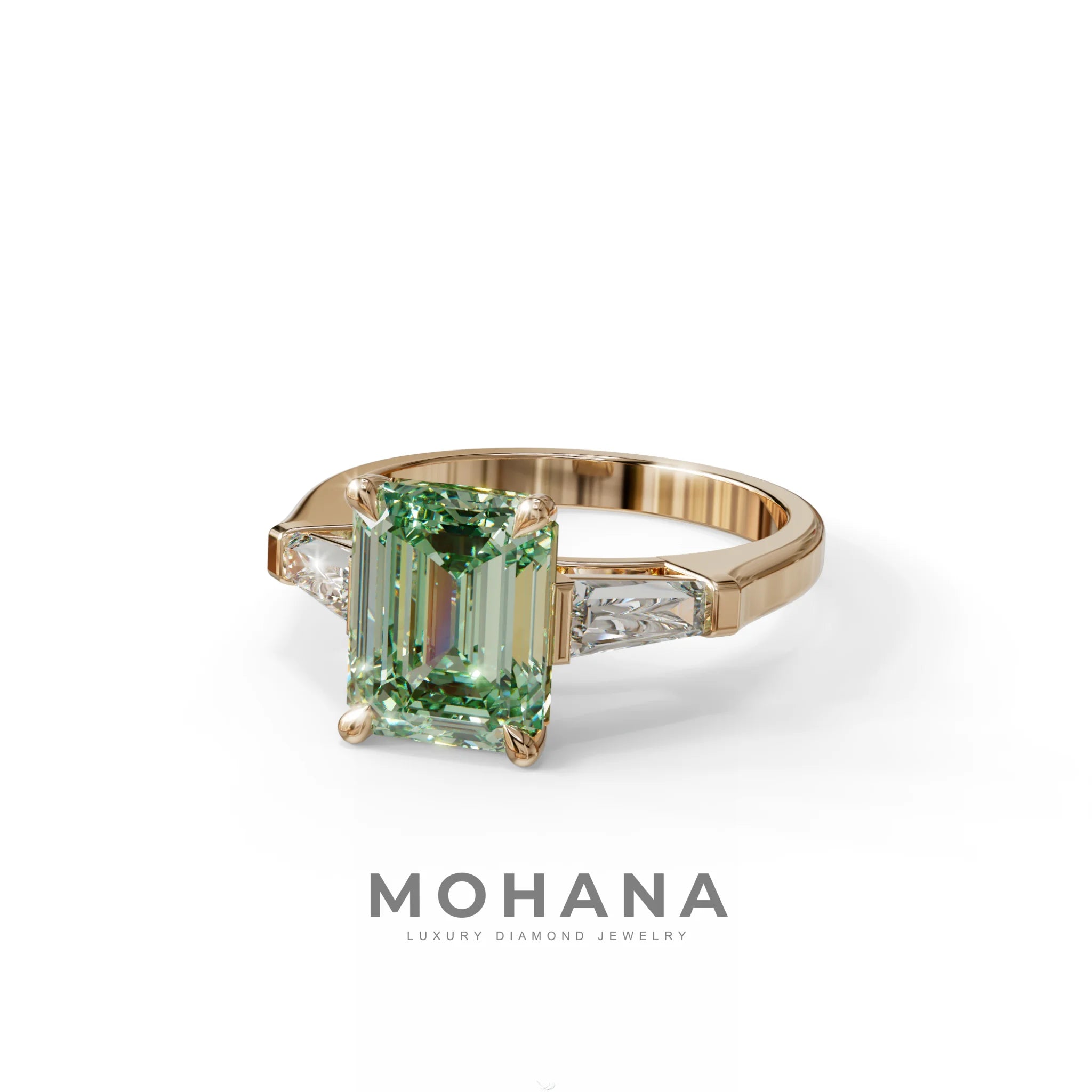 3 Carat Fancy Vivid Green Emerald & Tapered Baguette diamond ring