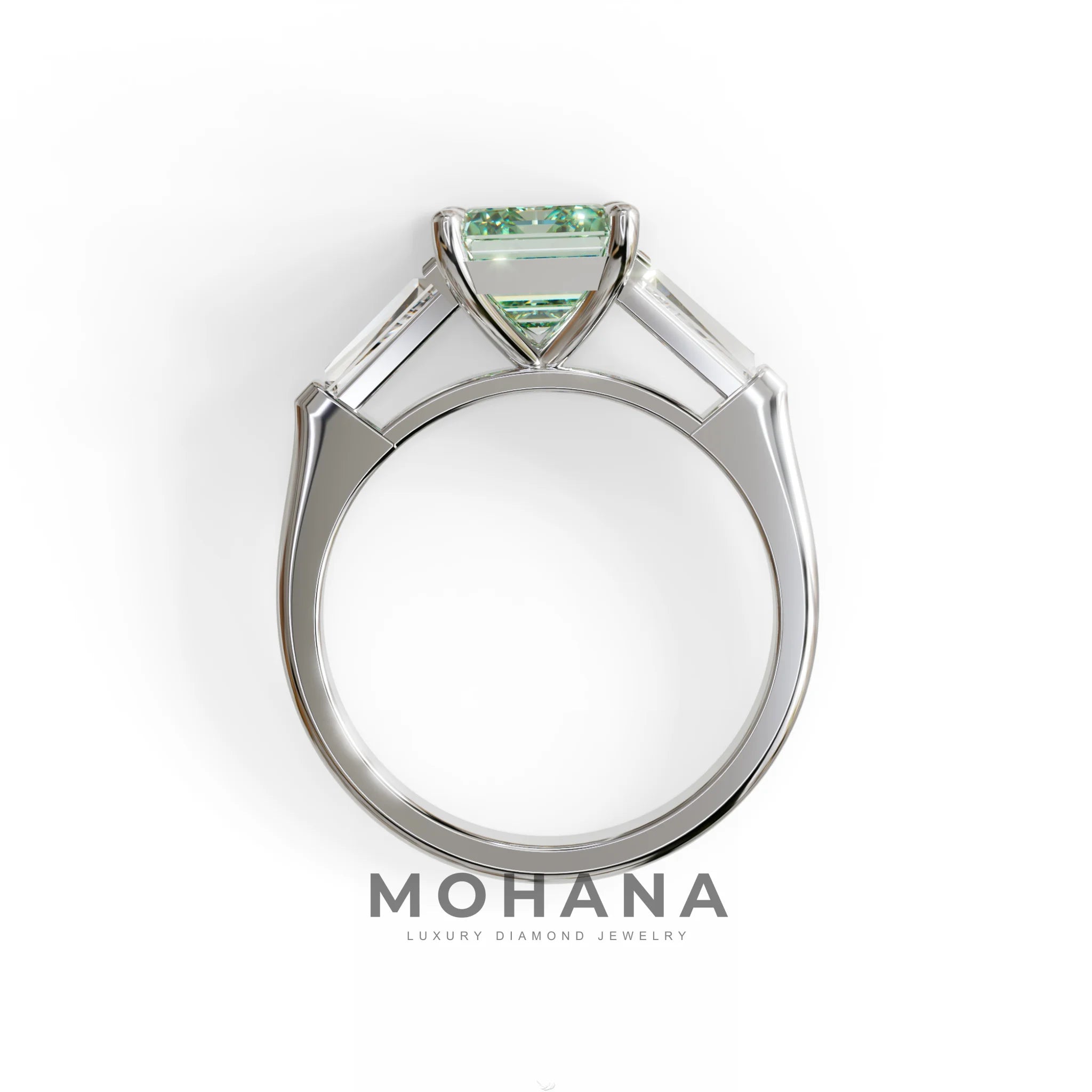 3 Carat Fancy Vivid Green Emerald & Tapered Baguette diamond ring