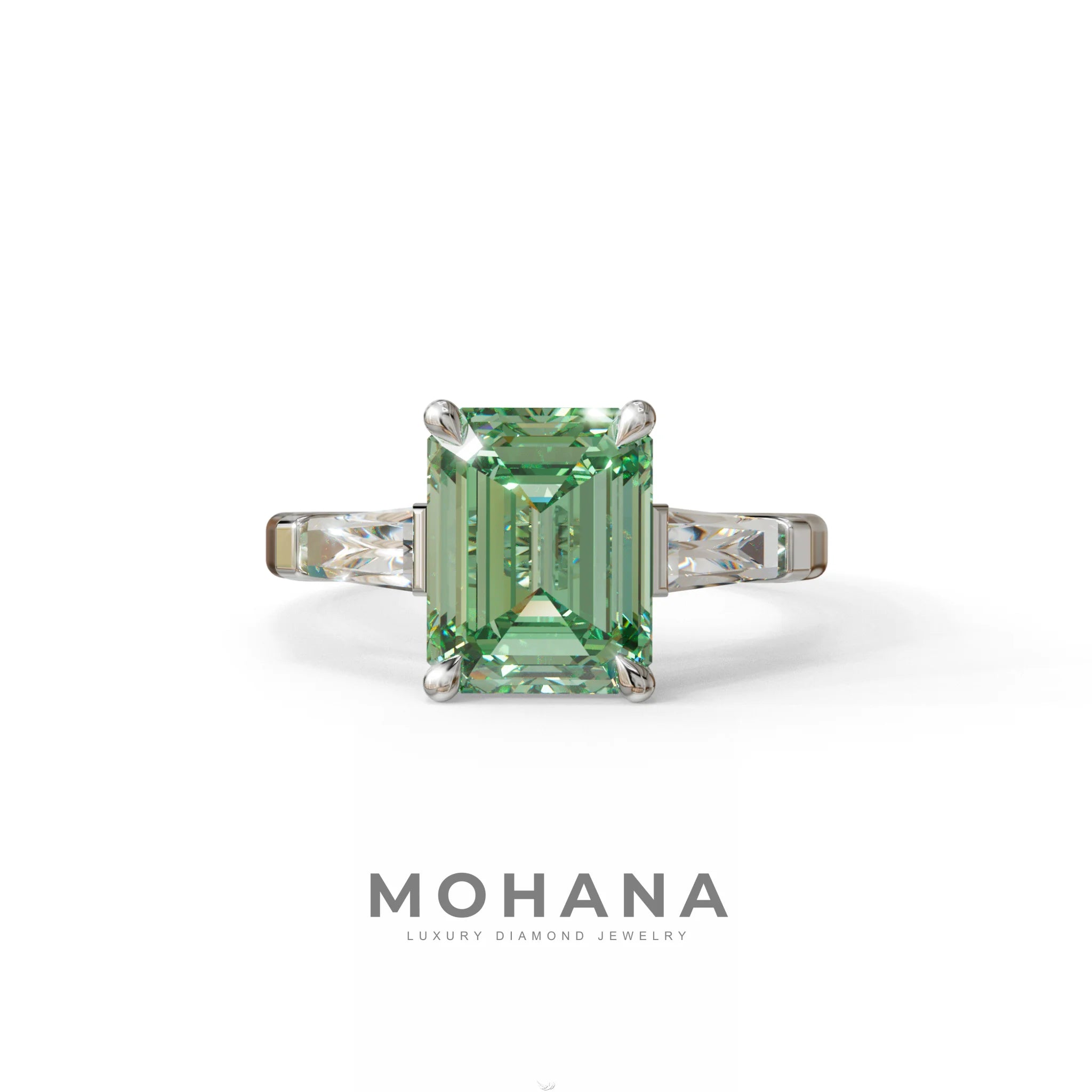 3 Carat Fancy Vivid Green Emerald & Tapered Baguette diamond ring - 10K Solid Gold / White Gold