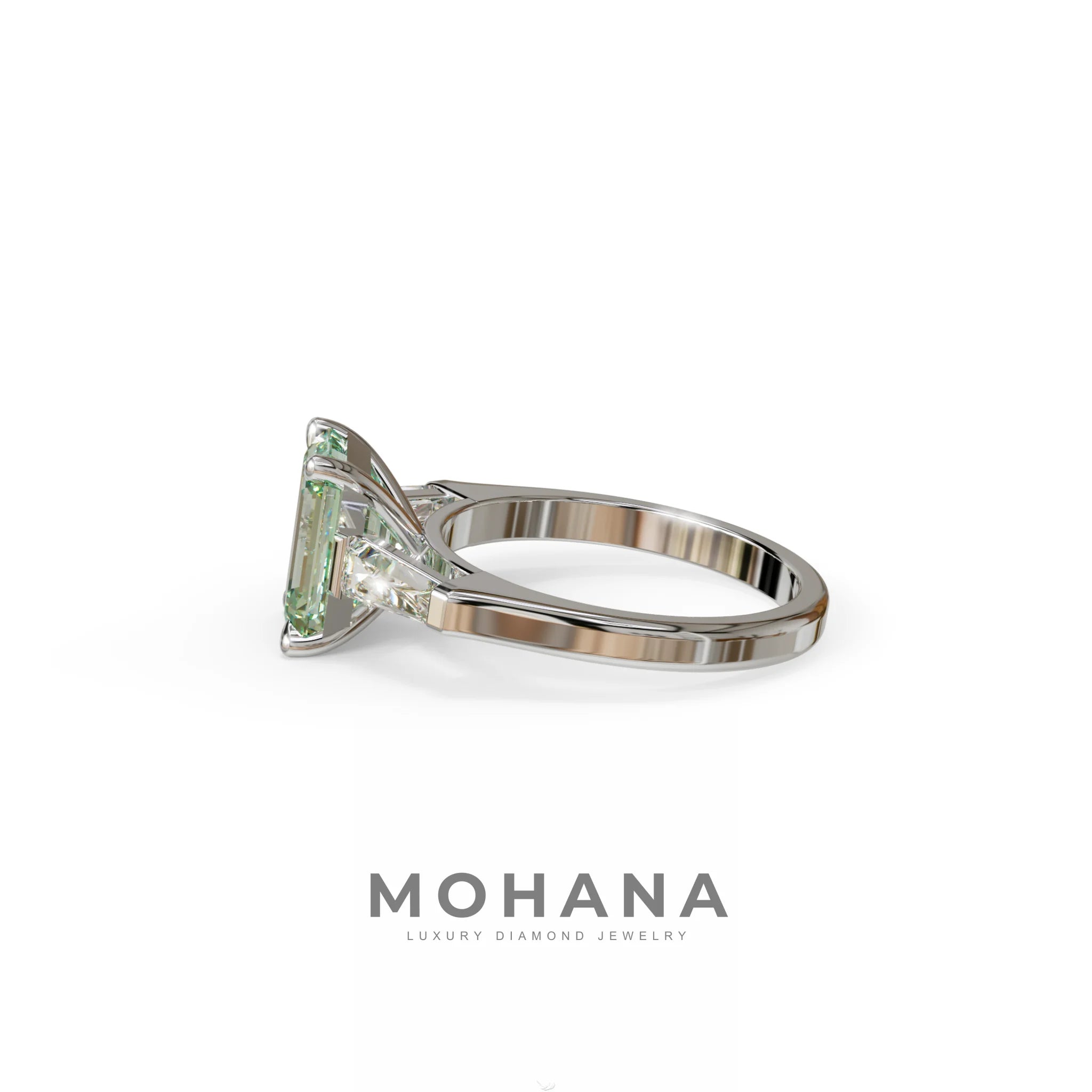 3 Carat Fancy Vivid Green Emerald & Tapered Baguette diamond ring