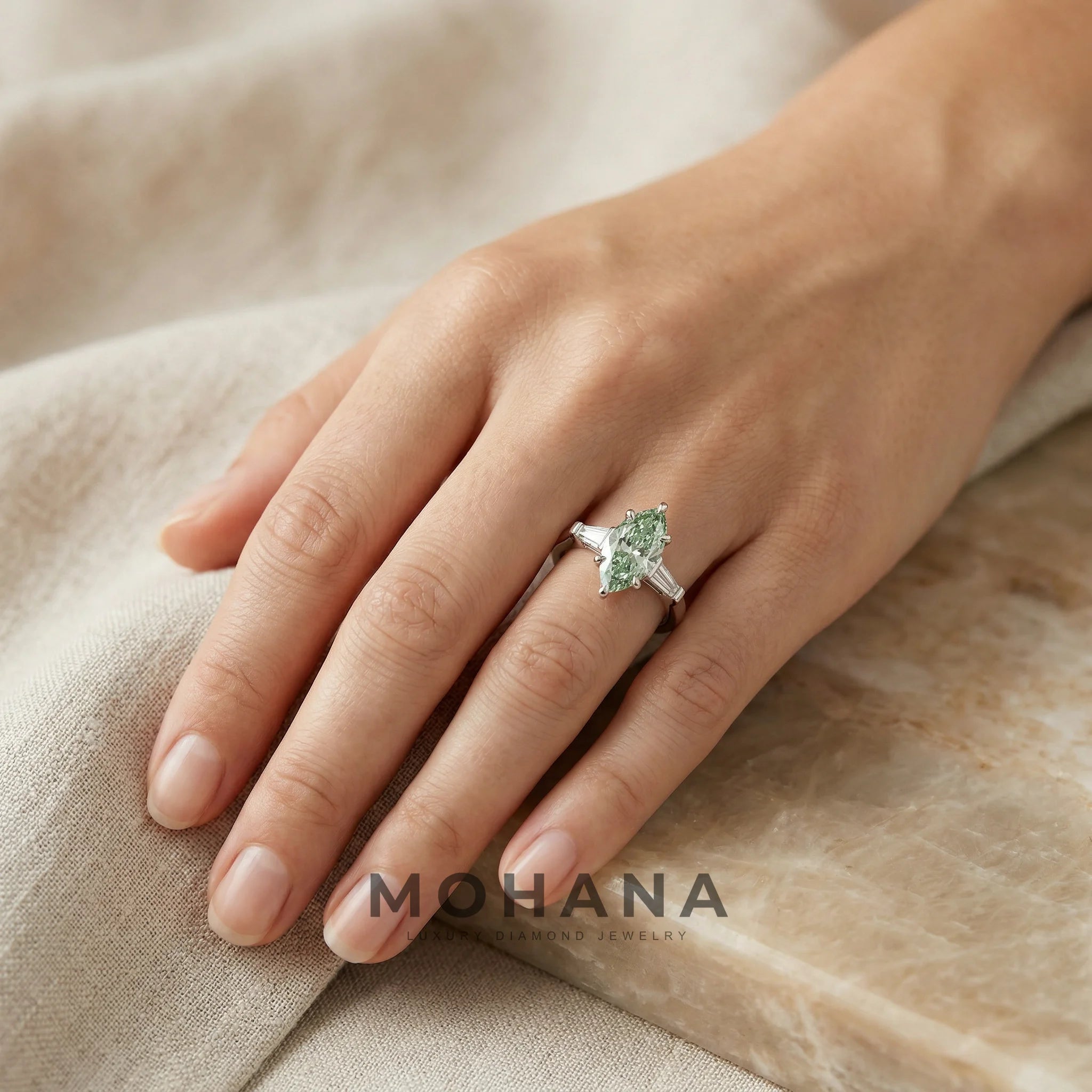 3.75 Carat Fancy Vivid Green Marquise & Tapered Baguette Lab Grown Diamond Three Stone Engagement Ring
