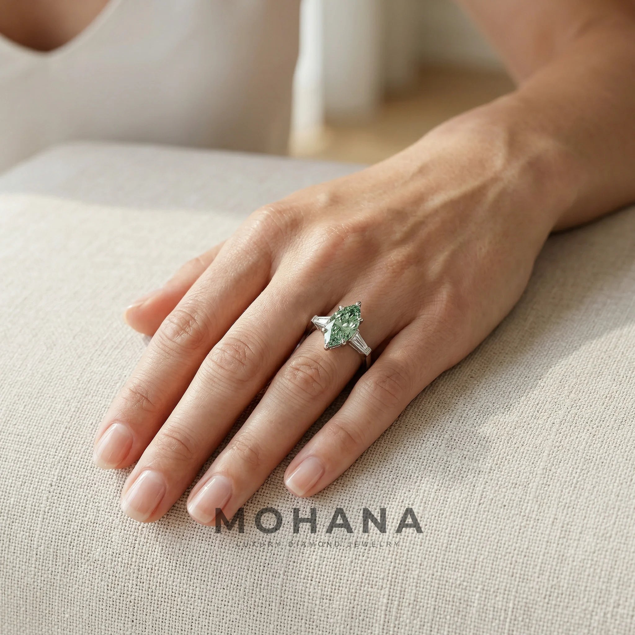 3.75 Carat Fancy Vivid Green Marquise & Tapered Baguette Lab Grown Diamond Three Stone Engagement Ring