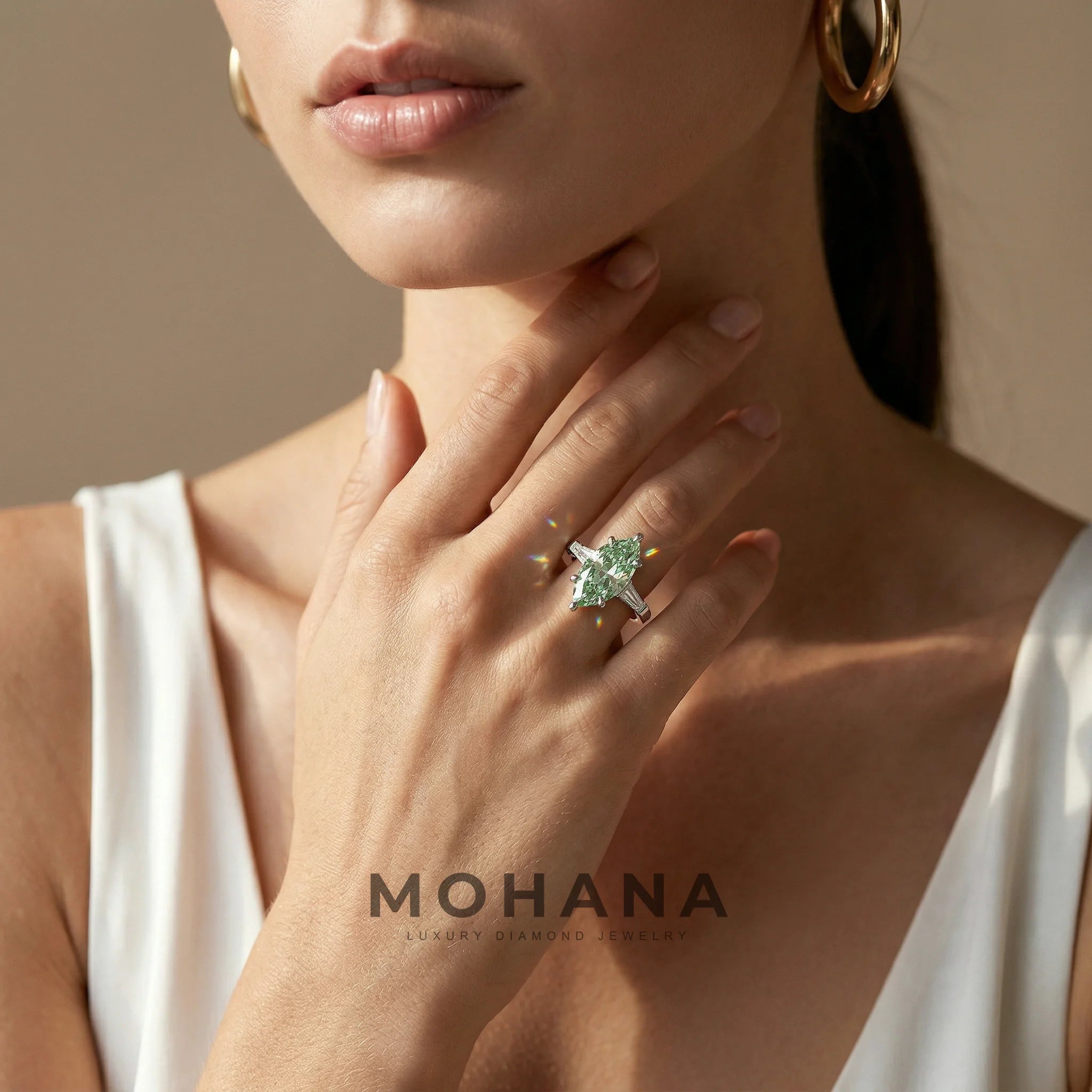 3.75 Carat Fancy Vivid Green Marquise & Tapered Baguette Lab Grown Diamond Three Stone Engagement Ring