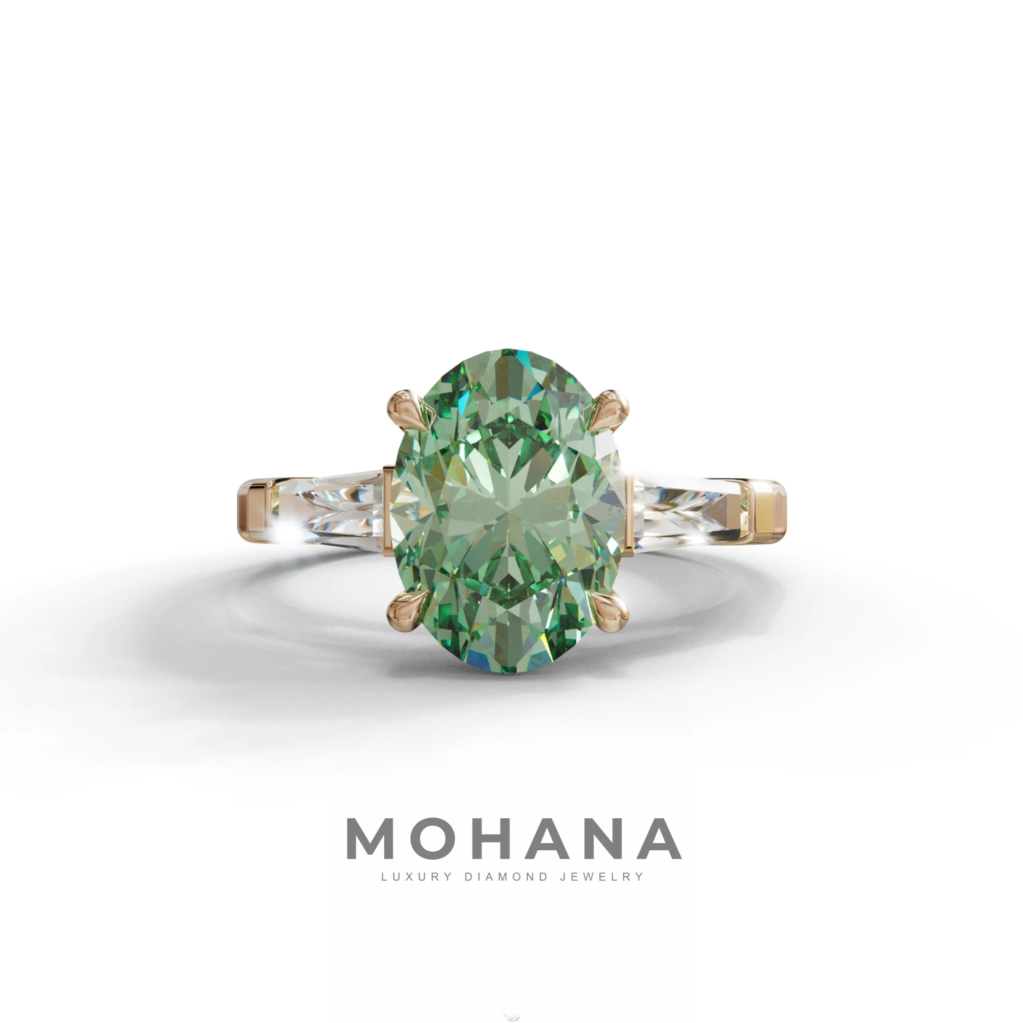 3 Carat Green Oval & Tapered Baguette Lab Grown Diamond Three Stone Engagement Ring - 10K Solid Gold / Rose Gold