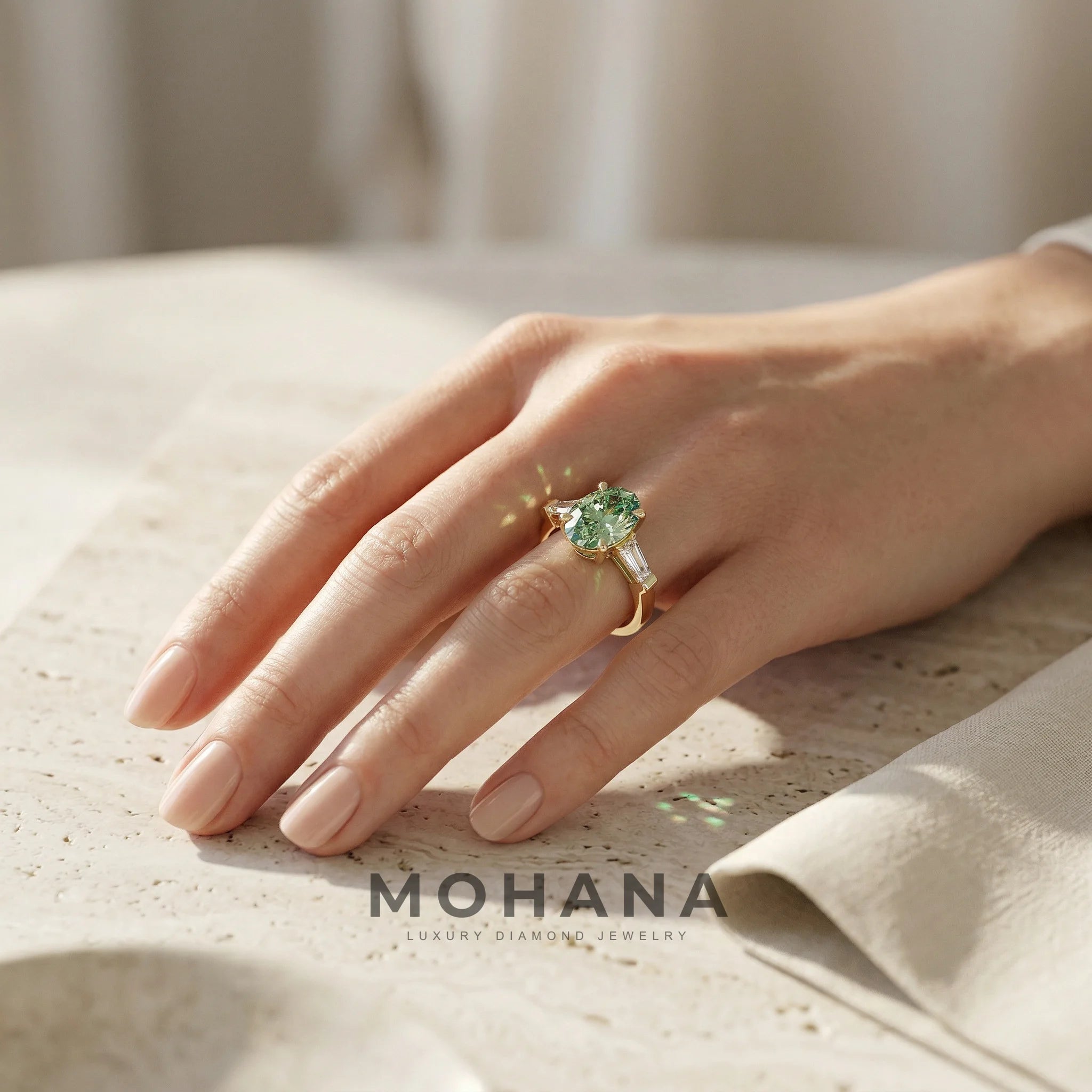 3.75 Carat Fancy Green Oval & Tapered Baguette Lab Grown Diamond Three Stone Engagement Ring