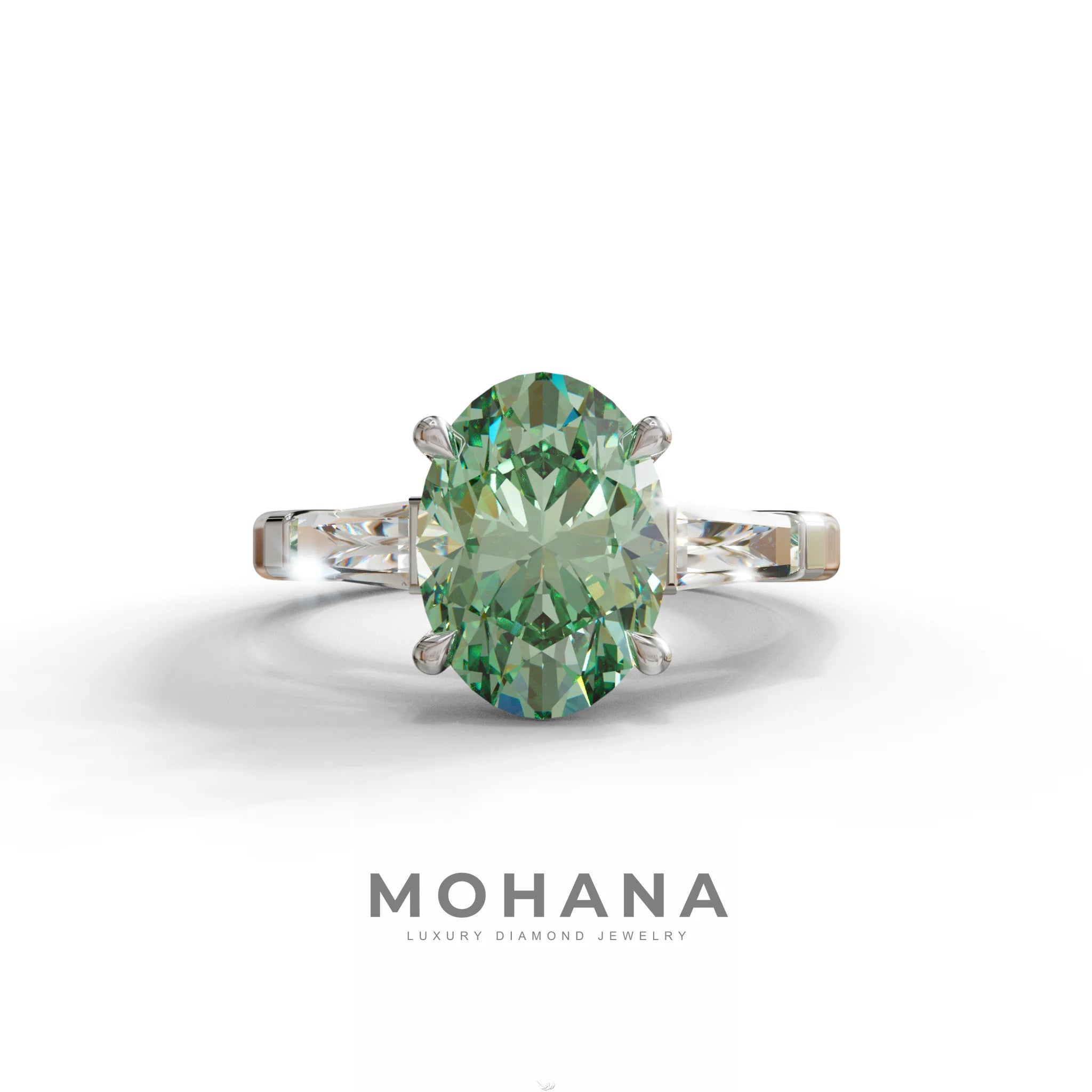 3 Carat Green Oval & Tapered Baguette Lab Grown Diamond Three Stone Engagement Ring - 10K Solid Gold / White Gold