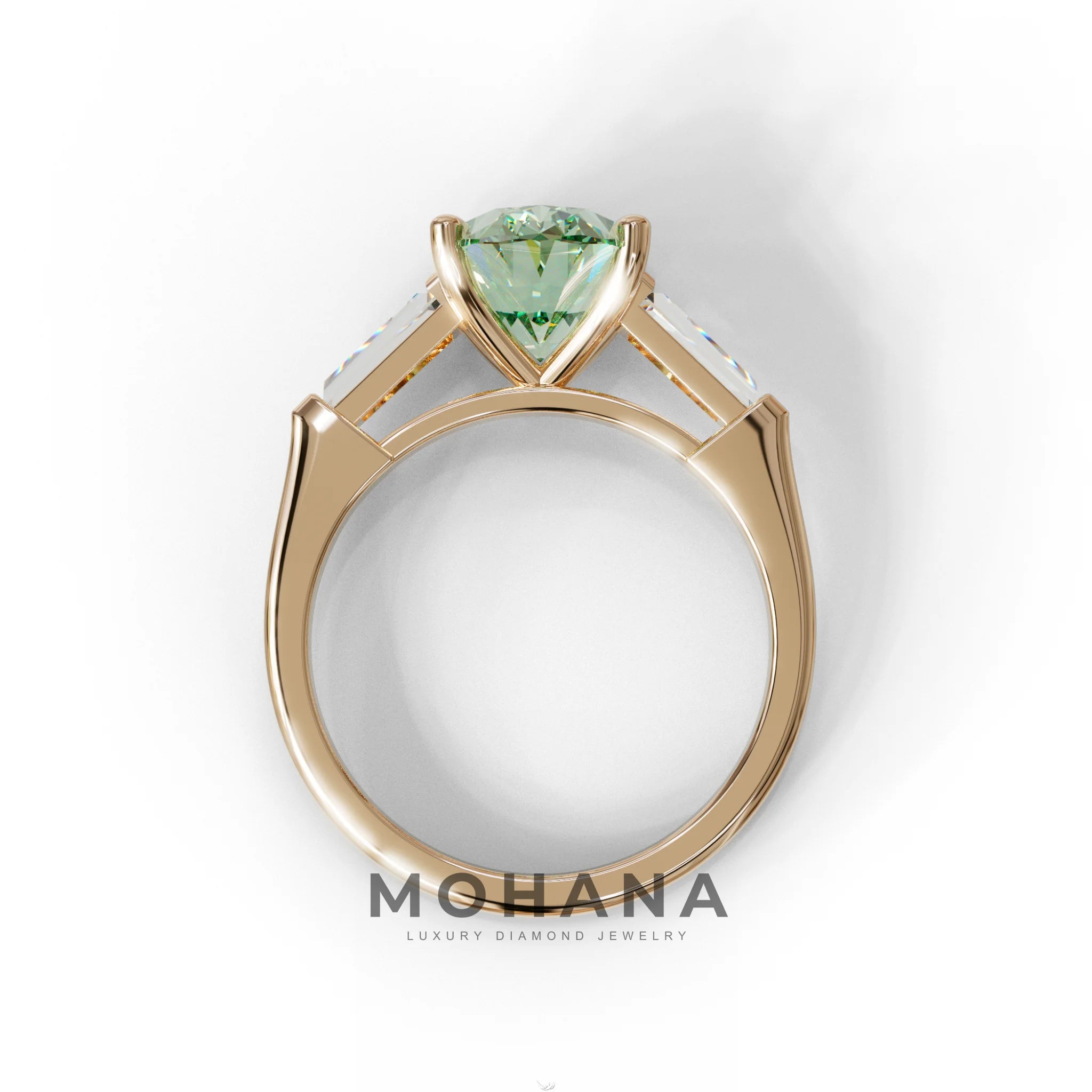 3 Carat Green Oval & Tapered Baguette Lab Grown Diamond Three Stone Engagement Ring