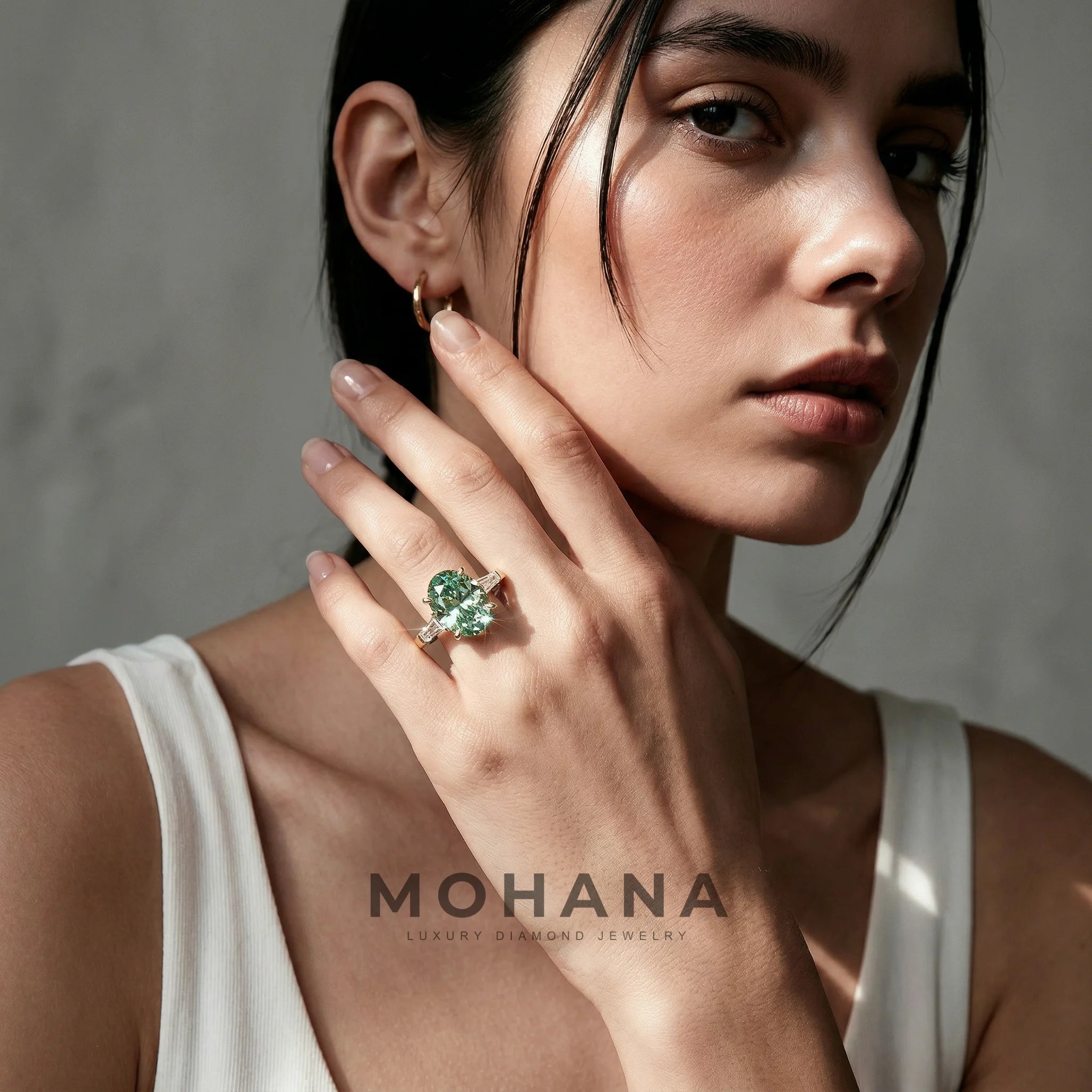 3.75 Carat Fancy Green Oval & Tapered Baguette Lab Grown Diamond Three Stone Engagement Ring