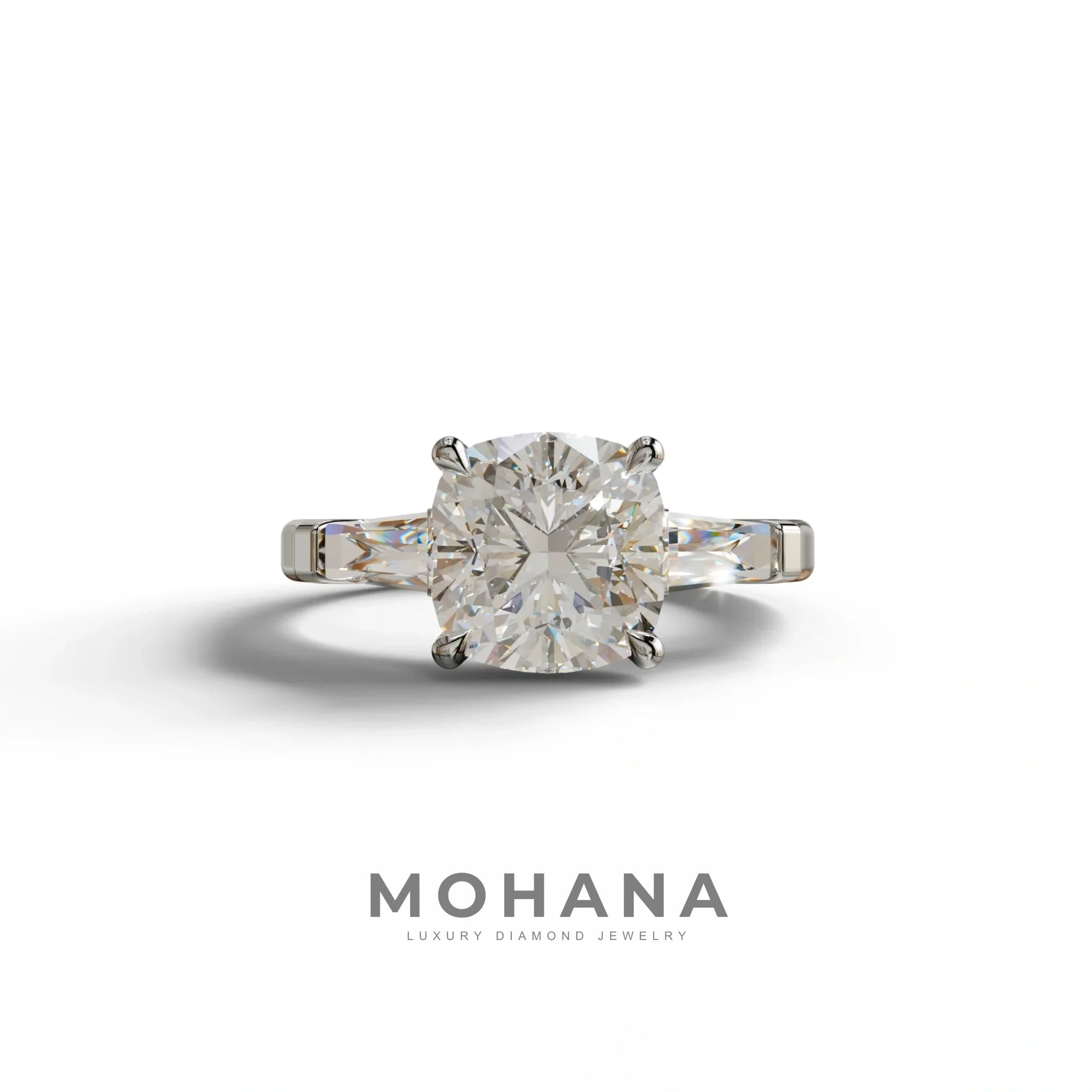 3 Carat E-VVS Cushion & Tapered Baguette Three Stone Engagement Ring - 10K Solid Gold / White Gold