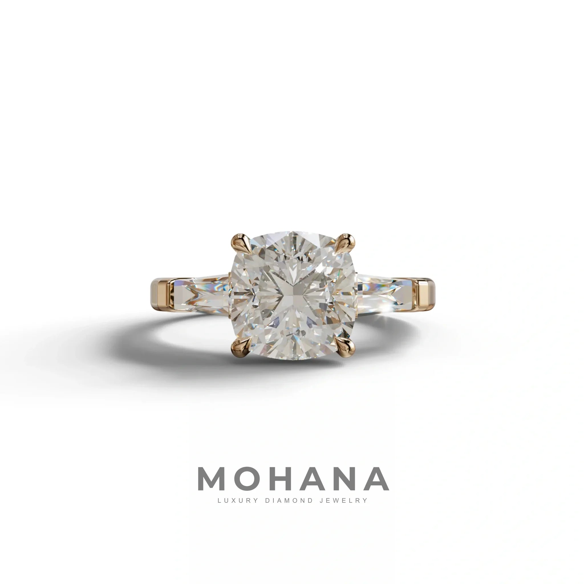 3 Carat E-VVS Cushion & Tapered Baguette Three Stone Engagement Ring - 10K Solid Gold / Rose Gold