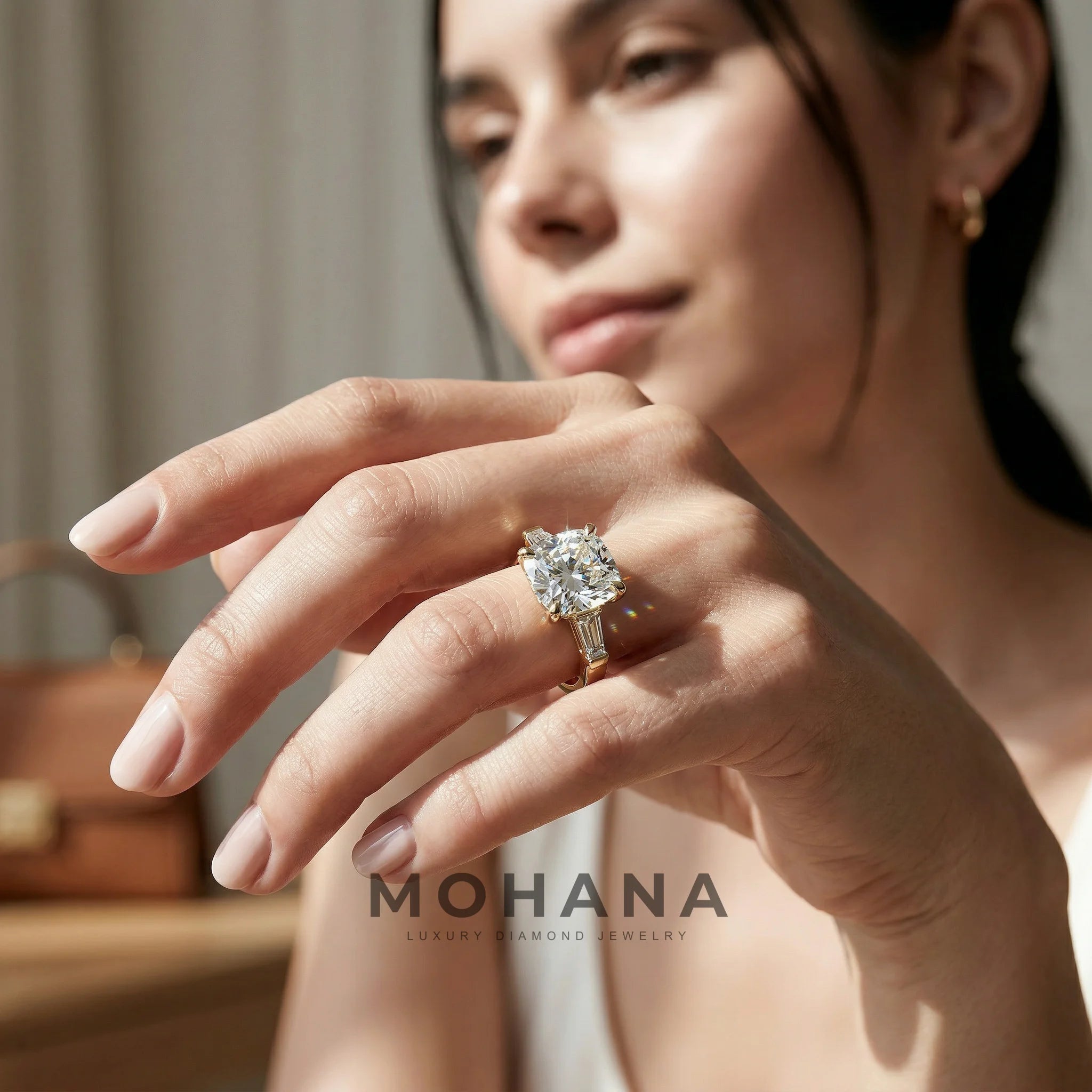3.75 Carat E/VVS Cushion & Tapered Baguette Lab Grown Diamond Three Stone Engagement Ring