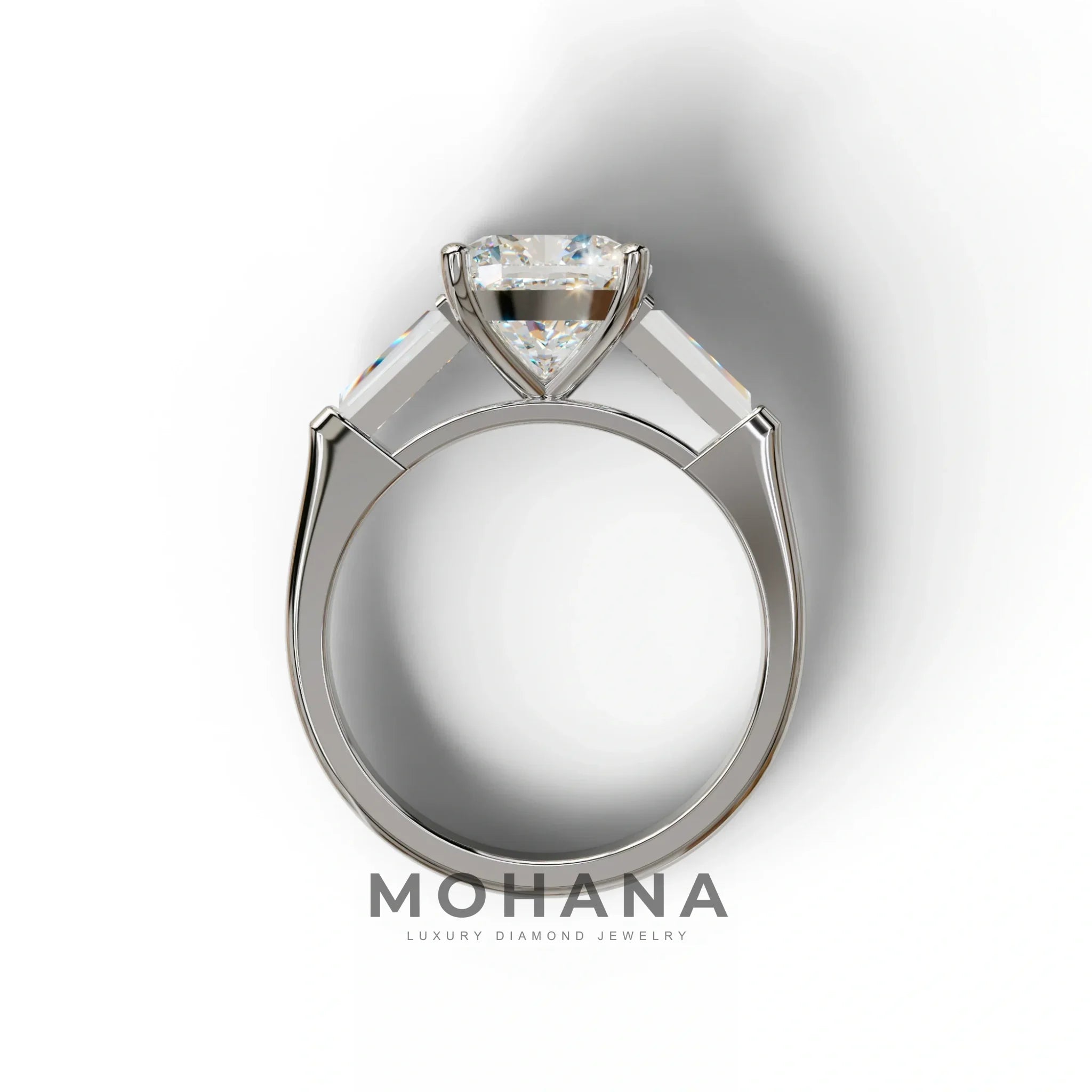 3 Carat E-VVS Cushion & Tapered Baguette Three Stone Engagement Ring