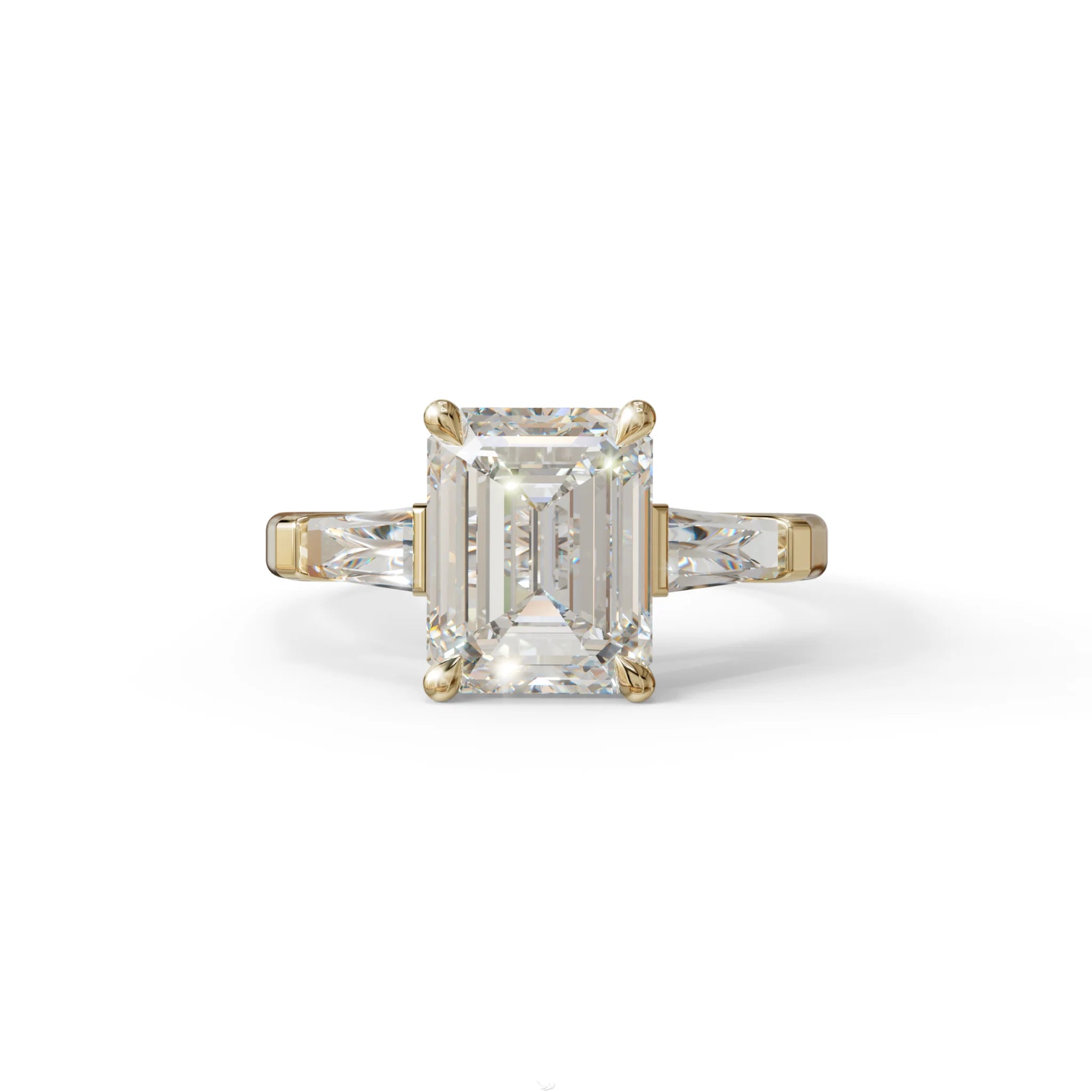 3.75ct E/VVS Emerald & Tapered Baguette Three Stone Lab Diamond Ring - 10K Solid Gold / Yellow Gold