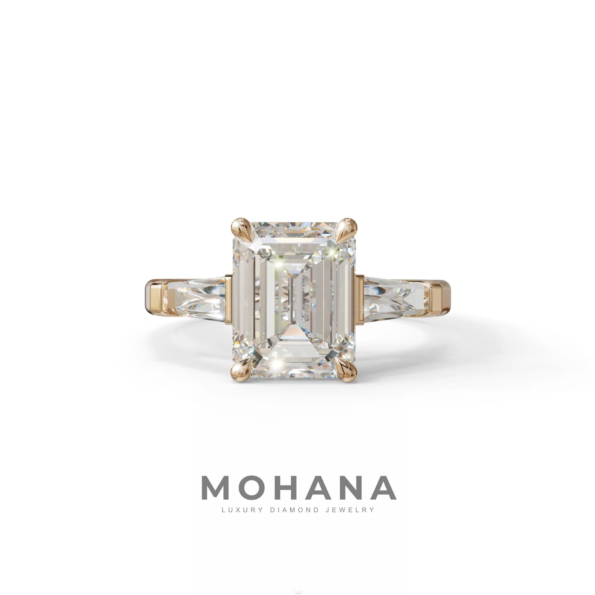 3.75ct E/VVS Emerald & Tapered Baguette Three Stone Lab Diamond Ring - 10K Solid Gold / Rose Gold
