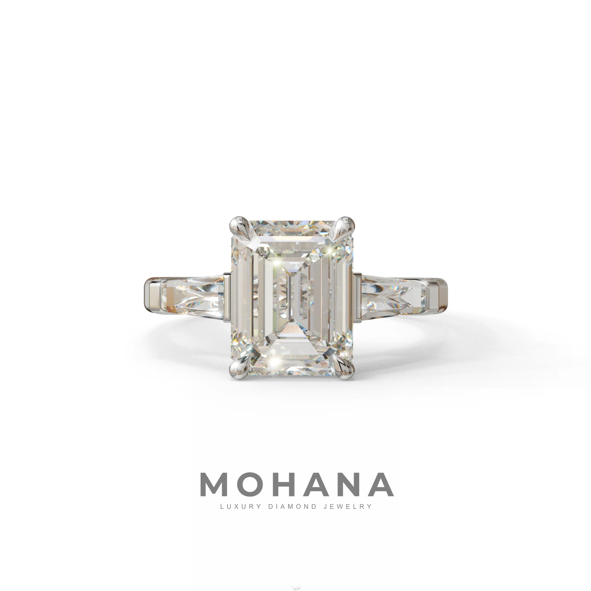 3.75ct E/VVS Emerald & Tapered Baguette Three Stone Lab Diamond Ring - 10K Solid Gold / White Gold