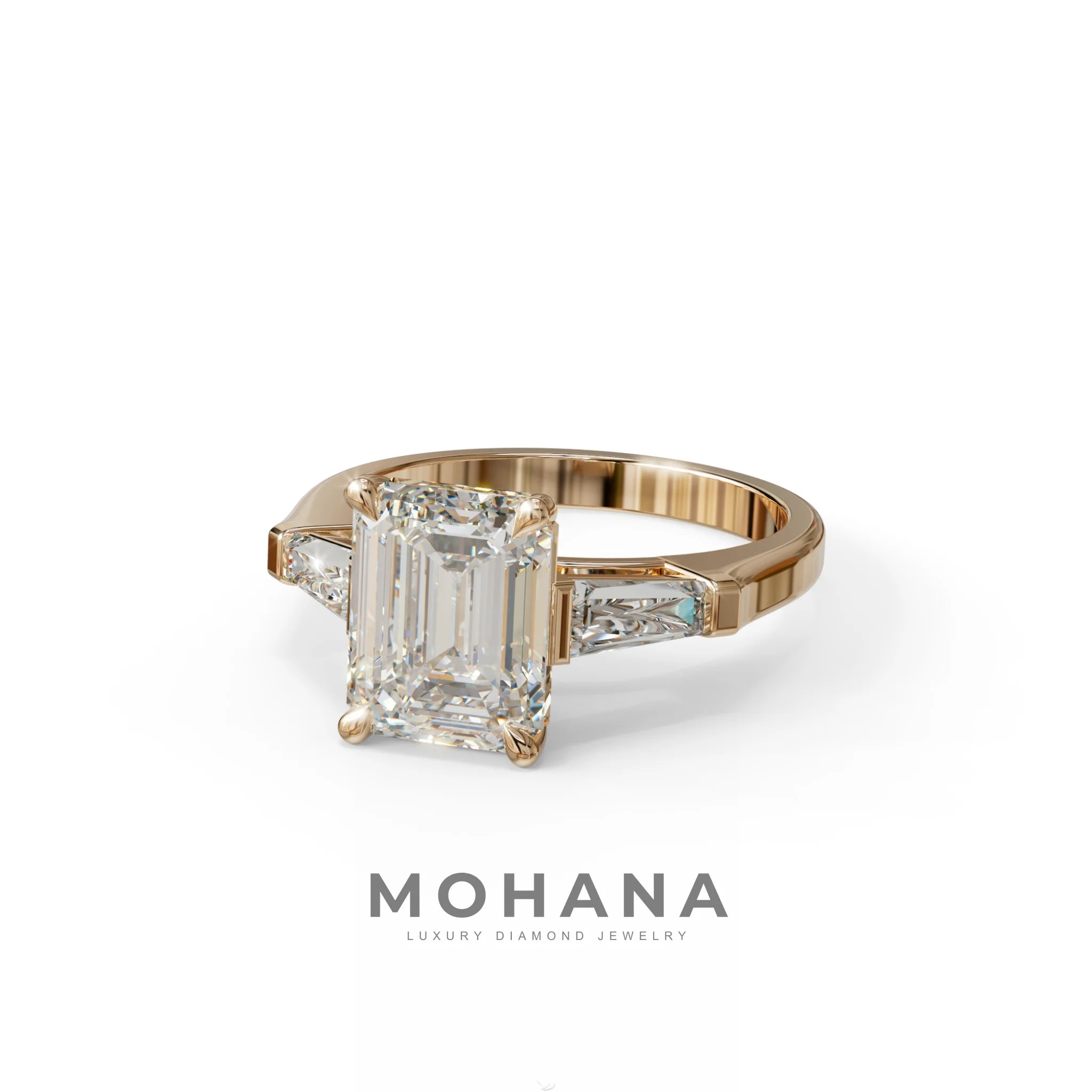 3.75ct E/VVS Emerald & Tapered Baguette Three Stone Lab Diamond Ring