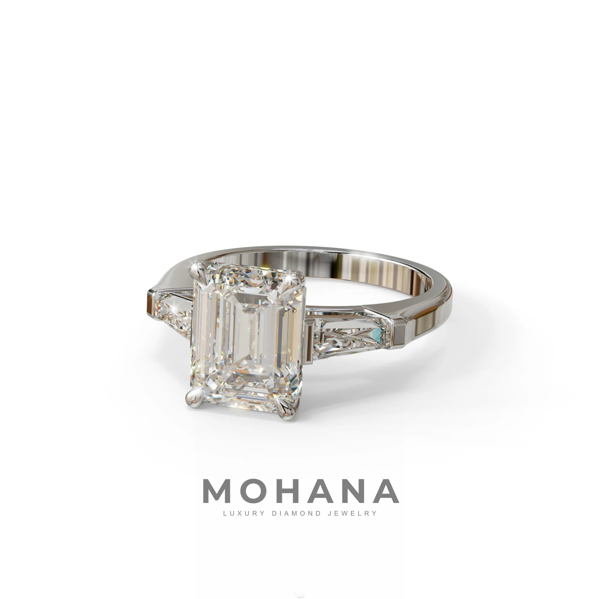 3.75ct E/VVS Emerald & Tapered Baguette Three Stone Lab Diamond Ring